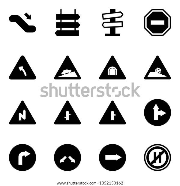 Solid\
vector icon set - escalator down vector, sign post, road signpost,\
no way, turn left, climb, tunnel, steep roadside, abrupt right,\
intersection, only forward, detour, parking\
even