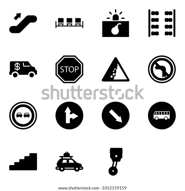 Solid vector icon set - escalator up vector,\
waiting area, terrorism, plane seats, encashment car, stop road\
sign, landslide, no left turn, overtake, only forward right,\
detour, bus, stairs,\
baggage