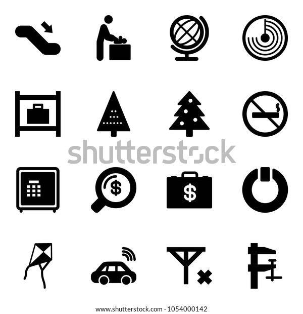 Solid vector\
icon set - escalator down vector, baby room, globe, radar, baggage,\
christmas tree, no smoking sign, safe, money search, case, standby,\
kite, car wireless, signal,\
clamp