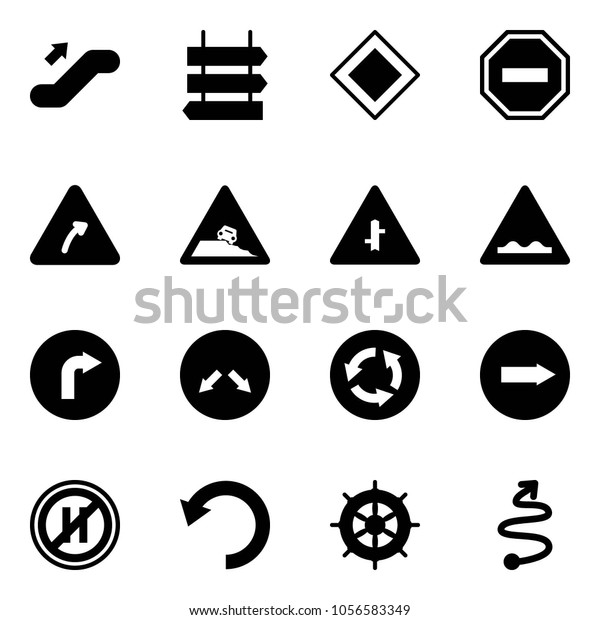 Solid vector\
icon set - escalator up vector, sign post, main road, no way, turn\
right, steep roadside, intersection, rough, only, detour, circle,\
parking even, undo, hand wheel,\
trip