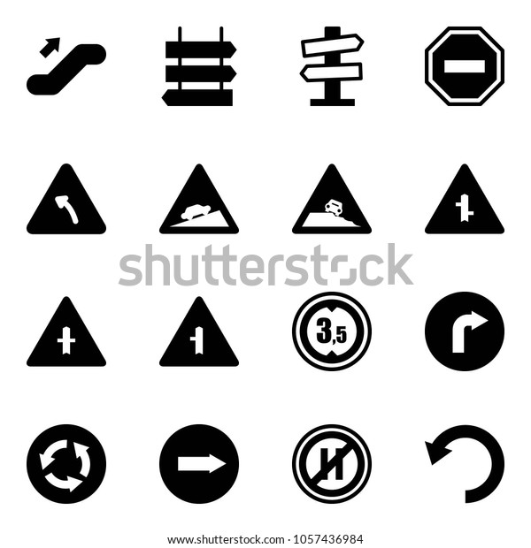 Solid\
vector icon set - escalator up vector, sign post, road signpost, no\
way, turn left, climb, steep roadside, intersection, limited\
height, only right, circle, parking even,\
undo