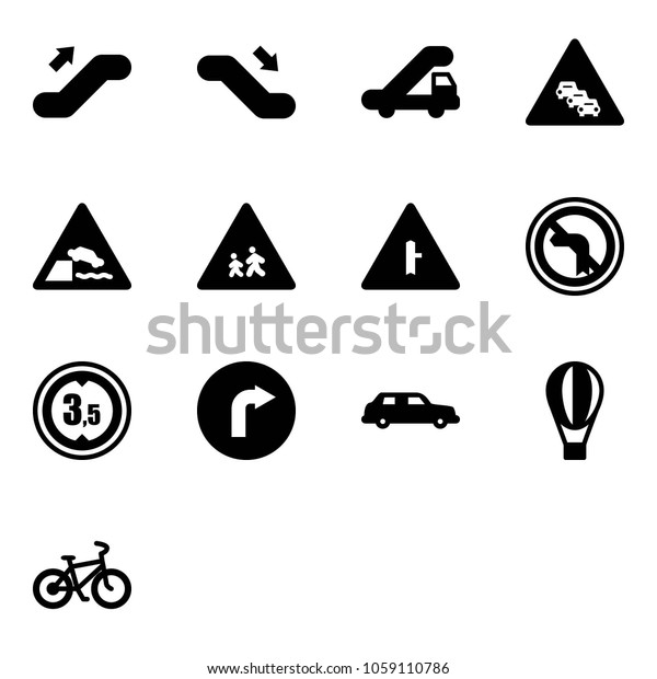 Solid vector icon set - escalator up vector,\
down, trap truck, multi lane traffic road sign, embankment,\
children, intersection, no left turn, limited height, only right,\
limousine, air balloon