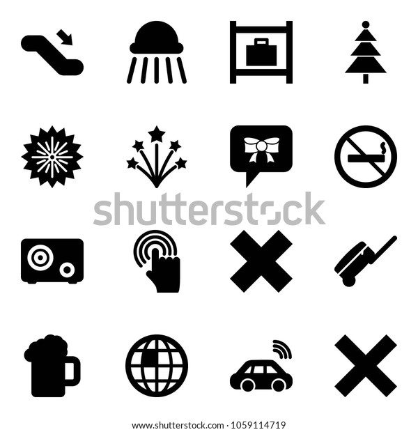 Solid vector icon set - escalator down vector,\
shower, baggage room, christmas tree, firework, bow message, no\
smoking sign, safe, hand cursor, delete cross, suitcase, beer,\
globe, car wireless