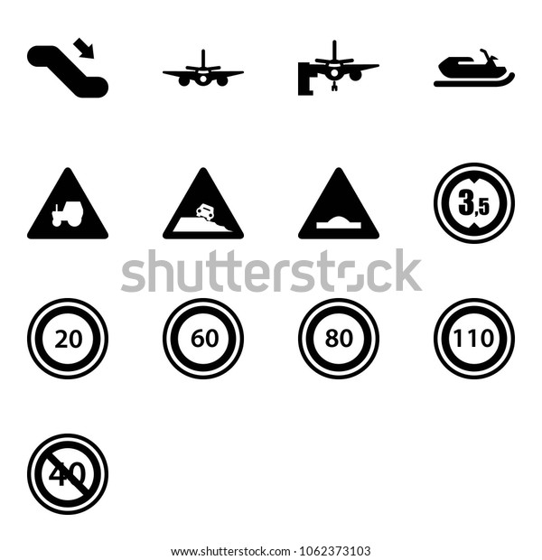 Solid vector icon set - escalator down vector, plane,\
boarding passengers, snowmobile, tractor way road sign, steep\
roadside, artificial unevenness, limited height, speed limit 20,\
60, 80, 110