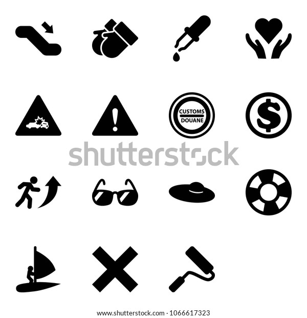 Solid vector icon set - escalator down vector,\
gloves, pipette, heart care, car crash road sign, attention,\
customs, dollar, career, sunglasses, woman hat, lifebuoy,\
windsurfing, delete
