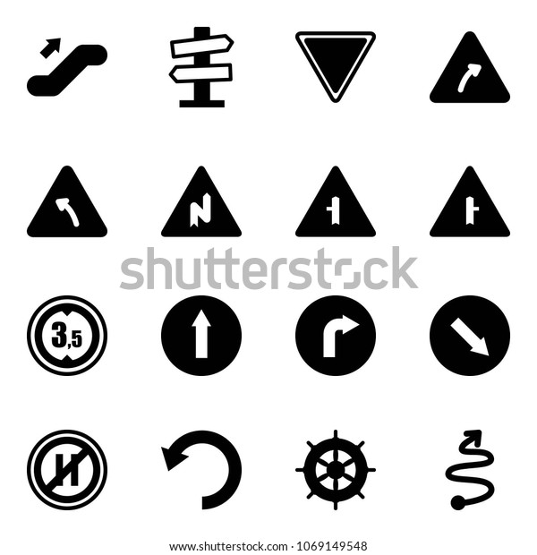 Solid vector icon set - escalator up vector, road\
signpost sign, giving way, turn right, left, abrupt, intersection,\
limited height, only forward, detour, no parking even, undo, hand\
wheel, trip