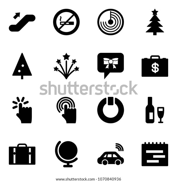 Solid vector icon set - escalator up vector, no\
smoking sign, radar, christmas tree, firework, bow message, money\
case, hand touch, cursor, standby, wine, suitcase, globe, car\
wireless, terms plan