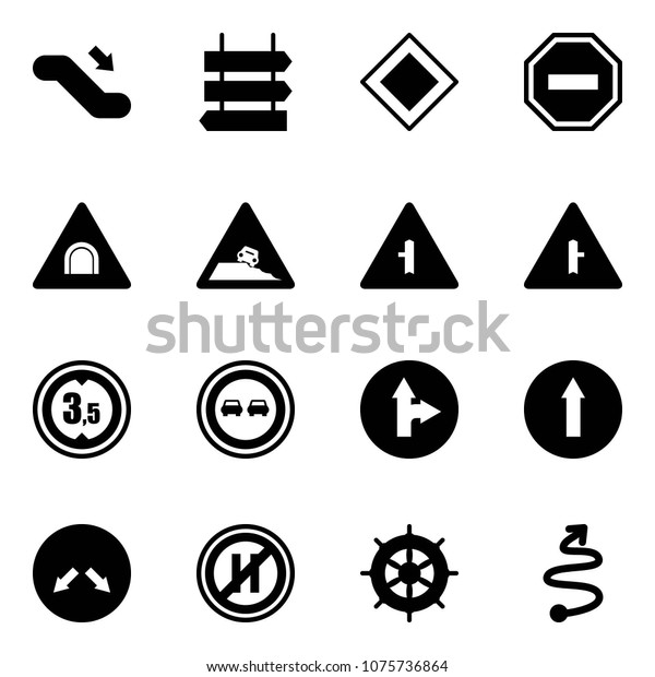 Solid vector icon set - escalator down vector, sign\
post, main road, no way, tunnel, steep roadside, intersection,\
limited height, overtake, only forward right, detour, parking even,\
hand wheel
