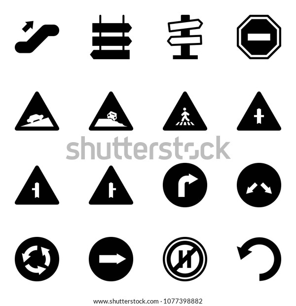 Solid vector icon set\
- escalator up vector, sign post, road signpost, no way, climb,\
steep roadside, pedestrian, intersection, only right, detour,\
circle, parking even,\
undo