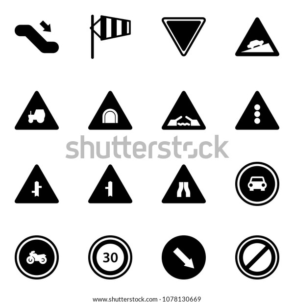 Solid vector icon set - escalator down vector,\
side wind, giving way road sign, climb, tractor, tunnel,\
drawbridge, traffic light, intersection, narrows, no car, moto,\
speed limit 30, detour