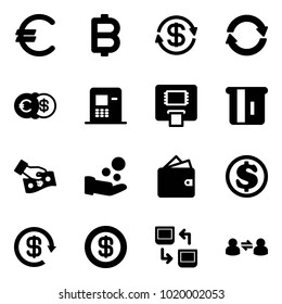 Solid vector icon set - euro vector, bitcoin, dollar exchange, atm, cash pay, wallet, reload, data, information