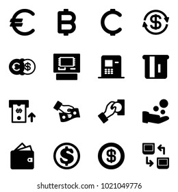Solid vector icon set - euro vector, bitcoin, cent, dollar exchange, atm, cash pay, wallet, data