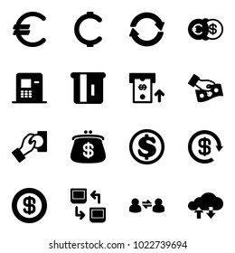 Solid vector icon set - euro vector, cent, exchange, dollar, atm, cash pay, purse, reload, data, information, cloud