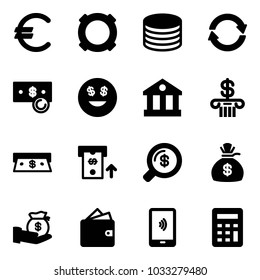 Solid vector icon set - euro vector, currency, coin, exchange, cash, dollar smile, bank, atm, money search, bag, investment, wallet, mobile payment, calculator
