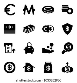 Solid vector icon set - euro vector, monero, coin, dollar, safe, atm, piggy bank, cash pay, search money, home, bag, growth