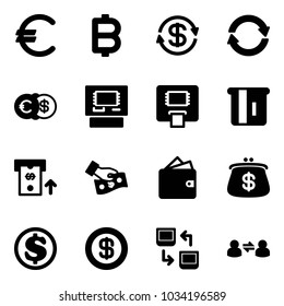 Solid vector icon set - euro vector, bitcoin, dollar exchange, atm, cash pay, wallet, purse, data, information