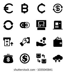 Solid vector icon set - euro vector, bitcoin, cent, dollar exchange, atm, cash pay, wallet, purse, data, cloud