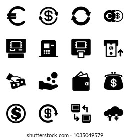Solid vector icon set - euro vector, dollar exchange, atm, cash pay, wallet, purse, reload, data, cloud