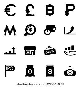 Solid vector icon set - euro vector, pound, bitcoin, ruble, monero, money search, wallet time, growth arrow, store, open, ipo, bag, dollar