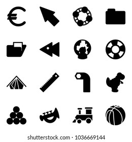 Solid vector icon set - euro vector, cursor, friends, folder, fast backward, man globe, lifebuoy, tent, ruler, allen key, dinosaur toy, billiards balls, horn, train, basketball