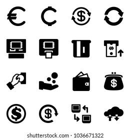 Solid vector icon set - euro vector, cent, dollar exchange, atm, cash pay, wallet, purse, reload, data, cloud
