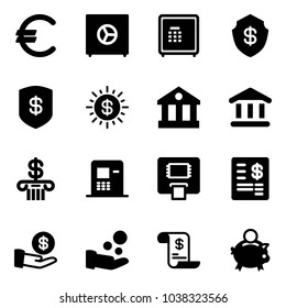 Solid vector icon set - euro vector, safe, dollar sun, bank, atm, account statement, investment, cash pay, history, piggy