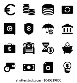 Solid vector icon set - euro vector, coin, card exchange, safe, insurance, bank, money case, chest, account history, piggy, wallet time, certificate, business idea