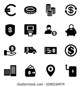 Solid vector icon set - euro vector, coin, dollar exchange, safe, atm, account, piggy bank, investment, encashment car, check, building, finance management, map pin, power