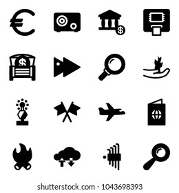 Solid vector icon set - euro vector, safe, account, atm, money chest, fast forward, magnifier, hand sproute, award, flags cross, plane, passport, fire, cloud exchange data, allen key set, beanbag