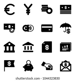 Solid vector icon set - euro vector, yen, coin, dollar, cash, credit card, insurance, bank, account statement, statistics report, flag, piggy, pay, mail