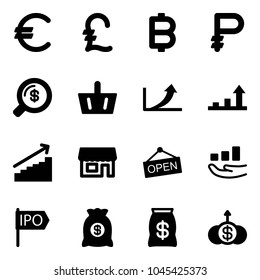 Solid vector icon set - euro vector, pound, bitcoin, ruble, money search, basket, growth arrow, store, open, ipo, bag, dollar