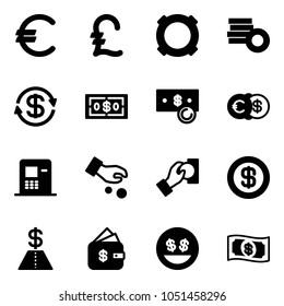 Solid vector icon set - euro vector, pound, currency, coin, dollar exchange, cash, atm, investment, pay, finance management, money smile