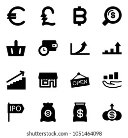 Solid vector icon set - euro vector, pound, bitcoin, money search, basket, wallet time, growth arrow, store, open, ipo, bag, dollar