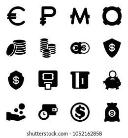 Solid vector icon set - euro vector, ruble, monero, currency, coin, dollar, safe, atm, piggy bank, cash pay, wallet time, money bag