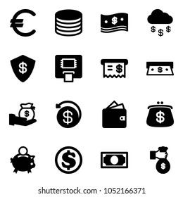 Solid vector icon set - euro vector, coin, cash, money rain, safe, atm, receipt, investment, back, wallet, purse, piggy bank, dollar, rich