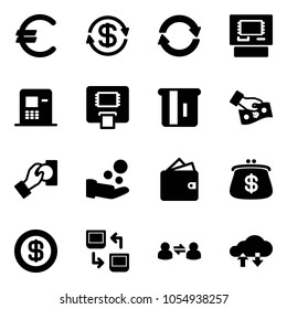Solid vector icon set - euro vector, dollar exchange, atm, cash pay, wallet, purse, data, information, cloud
