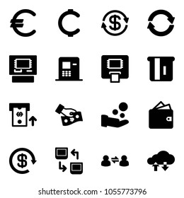 Solid vector icon set - euro vector, cent, dollar exchange, atm, cash pay, wallet, reload, data, information, cloud