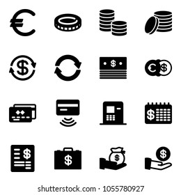 Solid vector icon set - euro vector, coin, dollar exchange, credit card, tap pay, atm, finance calendar, account statement, money case, investment