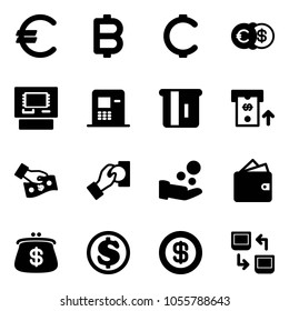 Solid vector icon set - euro vector, bitcoin, cent, dollar, atm, cash pay, wallet, purse, data exchange