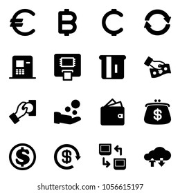 Solid vector icon set - euro vector, bitcoin, cent, exchange, atm, cash pay, wallet, purse, dollar, reload, data, cloud