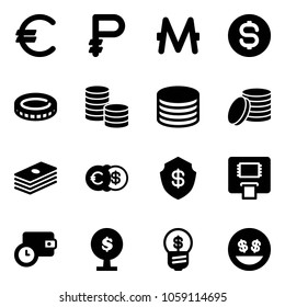 Solid vector icon set - euro vector, ruble, monero, dollar coin, safe, atm, wallet time, money tree, business idea, smile