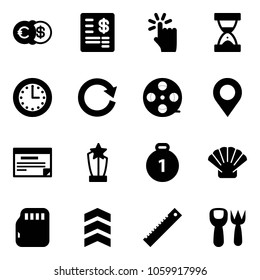 Solid vector icon set - euro dollar vector, account statement, hand touch, sand clock, time, reload, film coil, map pin, schedule, award, gold medal, shell, micro flash card, chevron, ruler