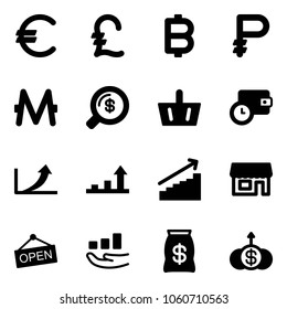 Solid vector icon set - euro vector, pound, bitcoin, ruble, monero, money search, basket, wallet time, growth arrow, store, open, bag, dollar