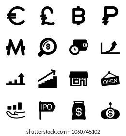 Solid vector icon set - euro vector, pound, bitcoin, ruble, monero, money search, wallet time, growth arrow, store, open, ipo, bag, dollar