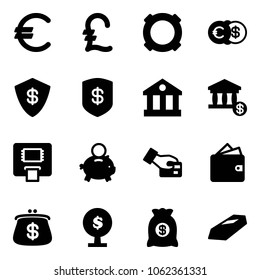 Solid vector icon set - euro vector, pound, currency, dollar, safe, bank, account, atm, piggy, card pay, wallet, purse, money tree, bag, gold