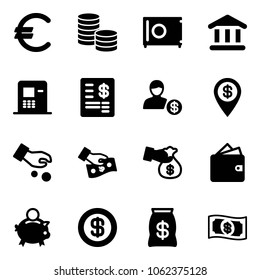 Solid vector icon set - euro vector, coin, safe, bank, atm, account statement, dollar pin, investment, cash pay, encashment, wallet, piggy, money bag