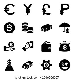 Solid vector icon set - euro vector, yen, pound, ruble, dollar coin, insurance, investment, cash pay, wallet, purse, money managemet, smile