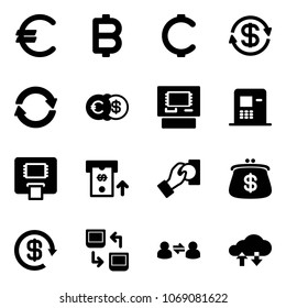 Solid vector icon set - euro vector, bitcoin, cent, dollar exchange, atm, cash pay, purse, reload, data, information, cloud