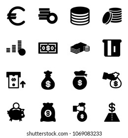 Solid vector icon set - euro vector, coin, dollar, cash, atm, money bag, encashment, piggy bank, rich