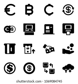 Solid vector icon set - euro vector, bitcoin, cent, dollar exchange, atm, cash pay, data, cloud